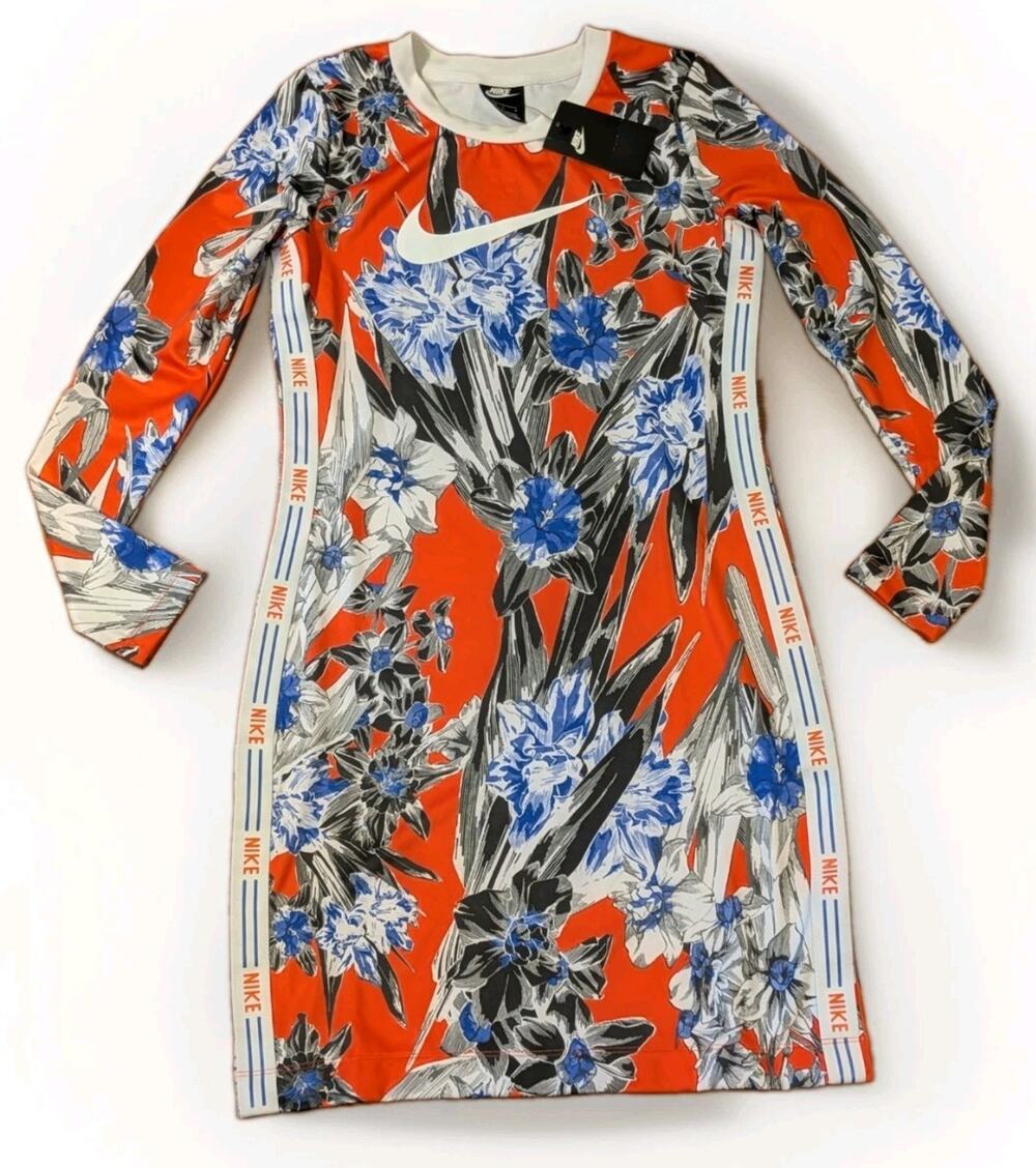 Nike Women L Floral Bodycon Dress Long Sleeve Swoosh Logo Tape NWT AR9860-892